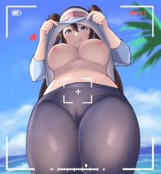 Rule 34 | 1girl, absurdres, artsheops, battery indicator, black pantyhose, blue eyes, blue sky, breasts, brown hair, closed mouth, clothes lift, creatures (company), day, double bun, doughnut hair bun, female focus, from below, game freak, hair between eyes, hair bun, heart, highres, large breasts, legs together, licking lips, lifted by self, long hair, long sleeves, looking at viewer, looking down, navel, nintendo, nipples, no bra, no pants, outdoors, pantyhose, pokemon, pokemon bw2, recording, rosa (pokemon), shirt lift, sky, solo, standing, stomach, tongue, tongue out, twintails, underboob, upshirt, very long hair, viewfinder, visor cap, water