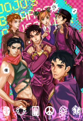 Rule 34 | 1girl, 5boys, bad id, bad pixiv id, battle tendency, black hair, blonde hair, cosplay, costume switch, diamond is not crash, double bun, fabulous, family, father and son, gakuran, giorno giovanna, giorno giovanna (cosplay), hair bun, higashikata josuke, higashikata jousuke (cosplay), jojo no kimyou na bouken, jonathan joestar, jonathan joestar (cosplay), joseph joestar, joseph joestar (young), joseph joestar (young) (cosplay), kuujou jolyne, kuujou jolyne (cosplay), kuujou joutarou, kuujou joutarou (cosplay), lacuna1479, midriff, multicolored hair, multiple boys, musical note, peace symbol, phantom blood, scarf, school uniform, spoken musical note, spoken squiggle, squiggle, stardust crusaders, stone ocean, symbol, two-tone hair, uncle and nephew, vento aureo