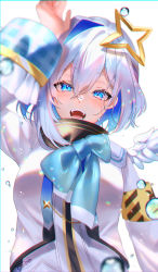 Rule 34 | 1girl, absurdres, amane kanata, angel, angel wings, armband, blue eyes, blue hair, blurry, breasts, chain, commentary request, eyelashes, forehead, hair between eyes, hair ornament, hand up, highres, hololive, long sleeves, looking at viewer, lower teeth only, mini wings, moco (moco michi), multicolored hair, open mouth, shadow, short hair, simple background, solo, sparkle, star (symbol), star hair ornament, teeth, upper body, upper teeth only, virtual youtuber, water drop, white background, white hair, wide sleeves, wings