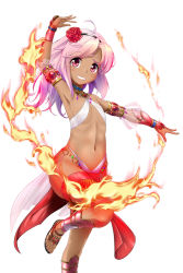 Rule 34 | 1girl, arm strap, arm up, armpits, criss-cross halter, dancer, dark-skinned female, dark skin, feet, fire, fire, flat chest, flower, gauntlets, grin, hair flower, hair ornament, halterneck, halterneck, jewelry, long hair, looking at viewer, navel, necklace, pink eyes, pink hair, pururun fairies, red flower, red rose, rose, sandals, shiina excel, smile, solo, standing, standing on one leg, swimsuit, thigh strap, toes