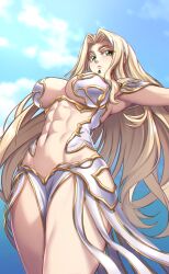 Rule 34 | 1girl, abs, alternate costume, blonde hair, breasts, cosplay, curvy, fate/grand order, fate (series), gorgon (fate), gorgon (fate) (cosplay), green eyes, highres, large breasts, long hair, looking at viewer, medusa (fate), medusa (rider) (fate), quetzalcoatl (fate), rider, sky, solo, standing, thick thighs, thighs, zantyarz