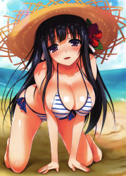 Rule 34 | 1girl, absurdres, all fours, beach, bikini, black hair, blue bikini, blush, breasts, brown eyes, cleavage, day, female focus, flower, hair flower, hair ornament, hat, highres, large breasts, leaning forward, long hair, looking at viewer, parted lips, purple eyes, sand, side-tie bikini bottom, smile, solo, straw hat, striped bikini, striped clothes, swimsuit, tomose shunsaku
