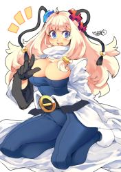 Rule 34 | 1girl, bad id, bad twitter id, belt, black gloves, blonde hair, blue bodysuit, blue eyes, blush, bodysuit, breasts, character request, cleavage, copyright request, dated, gloves, hair ornament, iroyopon, large breasts, long hair, looking at viewer, open mouth, signature, smile, solo