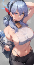 Rule 34 | 1girl, absurdres, ako (blue archive), amagimei, arm behind head, bell, black pants, blue archive, blue eyes, blue hair, bottle, breasts, closed mouth, commentary request, crop top, gloves, hair between eyes, hairband, highleg, highleg panties, highres, large breasts, long hair, navel, neck bell, panties, pants, partial commentary, sideboob, smile, solo, sportswear, stomach, tank top, underwear, water bottle, white tank top, yoga pants