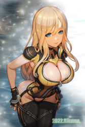 Rule 34 | 1girl, belt, blonde hair, blue eyes, breasts, buckle, cleavage, cleavage cutout, clothing cutout, elena (star ocean), fingerless gloves, full body, gloves, gluteal fold, highres, large breasts, long hair, looking at viewer, pantaboots, pants, partially unzipped, rikume, shirt, skin tight, sleeveless, sleeveless shirt, solo, star ocean, star ocean the divine force, thighs, undressing, water, wet, yellow gloves, yellow shirt, zipper