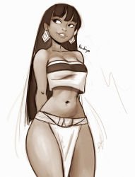 Rule 34 | 1girl, arms behind back, artist name, bare shoulders, black hair, blunt bangs, breasts, chel (the road to el dorado), commentary, dark-skinned female, dark skin, earrings, english commentary, highres, jewelry, lips, loincloth, long hair, looking back, navel, raichiyo33, sketch, solo, strapless, the road to el dorado, thick thighs, thighs, tube top
