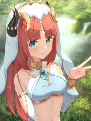 Rule 34 | 1girl, absurdres, bare shoulders, blurry, blurry foreground, blush, closed mouth, crop top, day, detached sleeves, forehead jewel, genshin impact, gold trim, grass, green eyes, highres, horns, lake, long hair, nature, nilou (genshin impact), outdoors, parted bangs, plant, red hair, shirt, sleeveless, sleeveless shirt, smile, solo, stomach, straight hair, tokutokenzen, upper body, v, vambraces, veil, white headdress