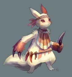 Rule 34 | clothed pokemon, creatures (company), full body, game freak, gen 3 pokemon, glitchedpuppet, holding, jewelry, knife, necklace, nintendo, no humans, pmd-explorers, pokemon, pokemon (creature), red eyes, signature, simple background, solo, standing, tribal, weapon, zangoose