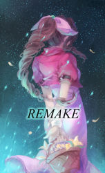 Rule 34 | 1990s (style), 1girl, aerith gainsborough, back, basket, bow, brown hair, cat princess, cropped jacket, dress, english text, final fantasy, final fantasy vii, flower, gradient background, hair bow, lifestream, long hair, petals, retro artstyle, sidelocks, sky, solo, star (sky), starry sky, very long hair