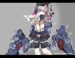 Rule 34 | 1girl, adapted costume, badge, bike shorts, black skirt, blue eyes, buttons, camouflage, cannon, cowboy shot, dated, epaulettes, frilled sleeves, frills, gloves, grey background, jacket, kantai collection, kashima (kancolle), long sleeves, military, military jacket, military uniform, miniskirt, neckerchief, pleated skirt, red neckerchief, shikishima fugen, shorts, shorts under skirt, sidelocks, silver hair, skirt, solo, standing, turret, twintails, twitter username, uniform, wavy hair, white gloves, white jacket