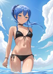 Rule 34 | 1girl, absurdres, bikini, black bikini, blue eyes, blue hair, blue sky, breasts, cloud, day, diptip, front-tie bikini top, front-tie top, gluteal fold, hair ribbon, highres, hololive, hoshimachi suisei, long hair, looking at viewer, outdoors, ponytail, ribbon, side-tie bikini bottom, sky, small breasts, solo, swimsuit, virtual youtuber, wading, water