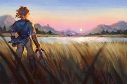 Rule 34 | 1boy, blonde hair, grass, holding, holding weapon, house, link, looking ahead, nintendo, pixiescout, pointy ears, ponytail, sky, star (sky), sunset, sword, the legend of zelda, the legend of zelda: breath of the wild, weapon