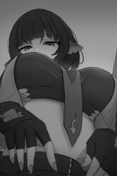 1girl absurdres animal_ears breasts fingerless_gloves fingernails gloves gradient_background grey_background greyscale highres jane_doe_(zenless_zone_zero) large_breasts looking_at_viewer monochrome mouse_ears mouse_girl namikare necktie solo zenless_zone_zero