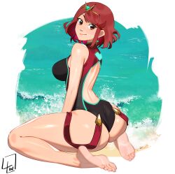 Rule 34 | 1girl, absurdres, ass, backless swimsuit, beach, black one-piece swimsuit, breasts, censored, censored feet, circlet, closed mouth, commentary, earrings, full body, highres, jewelry, l4wless, large breasts, looking at viewer, looking back, median furrow, medium hair, mosaic censoring, one-piece swimsuit, pyra (pro swimmer) (xenoblade), pyra (xenoblade), red eyes, red hair, smile, soles, solo, swept bangs, swimsuit, toes, water, xenoblade chronicles (series), xenoblade chronicles 2