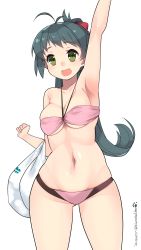 Rule 34 | 10s, 1girl, 2015, :d, antenna hair, arms up, bikini, blue hair, bow, breasts, character name, cleavage, collarbone, covered erect nipples, cowboy shot, curvy, dated, green eyes, groin, hair bow, highres, irako (kancolle), kantai collection, kuro chairo no neko, long hair, open mouth, paw print, pink bikini, ponytail, red bow, simple background, smile, solo, swimsuit, thick thighs, thighs, towel, twitter username, underboob, white background, wide hips