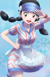 Rule 34 | 1girl, absurdres, akitu ma ru, apron, black hair, blue background, braid, brown eyes, candice (palentine&#039;s 2024) (pokemon), candice (pokemon), collarbone, cowboy shot, creatures (company), game freak, hand on own hip, highres, looking at viewer, nintendo, official alternate costume, pokemon, pokemon masters ex, snowflakes, solo, twin braids, waist apron