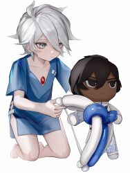 Rule 34 | 1boy, aged down, arjuna (fate), balloon, barefoot, blue eyes, character doll, child, fate/grand order, fate (series), full body, hair between eyes, hospital gown, karna (fate), kneeling, looking at doll, male focus, pale skin, playing, short hair, tokaoioi1, white background, white hair