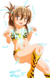 Rule 34 | 1girl, animal print, bikini, boots, brown eyes, brown hair, cone horns, cosplay, dated, electricity, electrokinesis, feet out of frame, flat chest, folded ponytail, horns, inazuma (kancolle), invisible chair, kantai collection, long hair, lum, lum (cosplay), name connection, object namesake, one-hour drawing challenge, print bikini, print footwear, ray.s, simple background, sitting, solo, strapless, strapless bikini, swimsuit, tiger print, twitter username, urusei yatsura, white background, yellow bikini, yellow footwear
