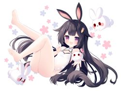 Rule 34 | 1girl, animal ears, ass, barefoot, black hair, blunt bangs, carrot hair ornament, casual one-piece swimsuit, feet, food-themed hair ornament, full body, hair ornament, hairclip, highleg, highleg swimsuit, highres, knees up, legs, legs up, long hair, looking at viewer, one-piece swimsuit, open mouth, original, outstretched arm, outstretched hand, pink eyes, rabbit ears, smile, soles, solo, stuffed toy, swimsuit, thighs, toes, tsukimi (xiaohuasan), white one-piece swimsuit