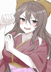 Rule 34 | 1girl, ashigara (kancolle), blush, bow, bras d&#039;honneur, breasts, brown eyes, clenched hand, cosplay, fang, hair between eyes, hair bow, hakama, hand on own arm, highres, japanese clothes, kamikaze (kancolle), kamikaze (kancolle) (cosplay), kantai collection, kimono, large breasts, long hair, long sleeves, looking at viewer, meiji schoolgirl uniform, open mouth, pink hakama, red kimono, simple background, solo, toriniku senshi chikinman, yellow bow