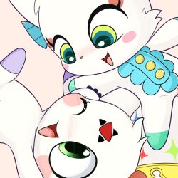 Rule 34 | blush, culumon, digimon, digimon (creature), green eyes, happy, looking at another, one eye closed, smile, wink, world of final fantasy, zero unit