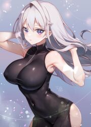 Rule 34 | 1girl, alice gear aegis, arm behind head, bare shoulders, black bodysuit, blush, bodysuit, breasts, closed mouth, clothing cutout, commentary request, covered erect nipples, covered navel, grey hair, hair between eyes, hand up, highres, kakerayuri, kondou chieri, large breasts, long hair, purple eyes, skin tight, sleeveless, sleeveless bodysuit, smile, solo, thigh cutout