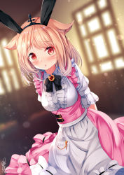 Rule 34 | 1girl, :o, animal ears, apron, arms behind back, warrior of light (ff14), black bow, black hairband, blurry, blurry background, blush, bow, breasts, cat ears, center frills, chinomaron, collared shirt, commentary request, depth of field, dress, facial mark, fake animal ears, final fantasy, final fantasy xiv, frills, hairband, highres, indoors, light brown hair, long hair, looking at viewer, medium breasts, miqo&#039;te, parted lips, pink dress, puffy short sleeves, puffy sleeves, rabbit ears, red eyes, shirt, short sleeves, signature, sleeveless, sleeveless dress, solo, waist apron, waitress, whisker markings, white apron, white shirt