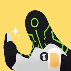 Rule 34 | alien, ben 10, cup, holding, holding cup, omnitrix, one-eyed, sparkle, thumbs up, upgrade (ben 10), yellow background, youzaiyouzai112