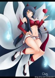Rule 34 | 1girl, absurdres, ahri (league of legends), animal ears, black hair, blush, breasts, cheng, cleavage, detached sleeves, dzc0517, fire, fire, fox tail, heart, highres, large breasts, league of legends, long hair, looking at viewer, multiple tails, navel, panties, smile, solo, tail, underwear, yellow eyes