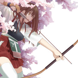 Rule 34 | 10s, 1girl, akagi (kancolle), archery, armor, arrow (projectile), bad id, bad pixiv id, bow (weapon), brown eyes, brown hair, cherry blossoms, drawing bow, gloves, highres, holding bow (weapon), japanese clothes, kantai collection, kosagi midori, kyuudou, long hair, muneate, open mouth, partially fingerless gloves, partly fingerless gloves, personification, single glove, solo, thighhighs, weapon, yugake