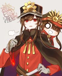Rule 34 | 1boy, black cape, breath, cape, crest, facing viewer, family crest, fate/grand order, fate (series), fiery hair, gloves, grey background, grey gloves, hair between eyes, hat, highres, long hair, low ponytail, military hat, mini nobu (fate), oda nobukatsu (fate), oda uri, open mouth, red eyes, red shirt, shako cap, shirt, sidelocks, trap, twintails, upper body, very long hair, yui (tamagohan)