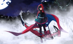 Rule 34 | 1girl, absurdres, black hair, boots, breasts, cape, crescent rose, gothic lolita, highres, hood, hooded cape, lolita fashion, pantyhose, red cape, ruby rose, rwby, scythe, short hair, grey eyes, smile, solo