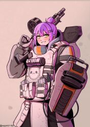 Rule 34 | 1girl, absurdres, apex legends, arm shield, bibi (tokoyami towa), blush, brown background, cosplay, eva-8 shotgun, gibraltar (apex legends), gibraltar (apex legends) (cosplay), green eyes, gun, hair behind ear, hair bun, highres, holding, holding gun, holding weapon, hololive, magazine (weapon), mammemmi, multicolored hair, over shoulder, parted lips, pink hair, pouch, purple hair, shotgun, single hair bun, solo, streaked hair, tokoyami towa, twitter username, v-shaped eyebrows, virtual youtuber, weapon, weapon over shoulder