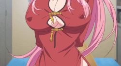 Rule 34 | 1girl, animated, animated gif, arms behind back, blue eyes, blush, braid, breasts, chinese clothes, cleavage, covered erect nipples, dress, french braid, indoors, jiggle, large breasts, long hair, looking at viewer, megami-ryou no ryoubo-kun, no bra, pink hair, red dress, saotome atena, screencap, sidelocks, solo, window