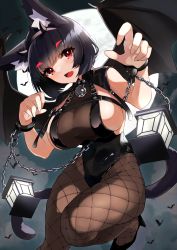 Rule 34 | 1girl, absurdres, animal ear fluff, animal ears, azur lane, bat (animal), bat wings, bell, black hair, black hairband, black leotard, black pantyhose, black wings, breasts, cat ears, cat tail, chain, commentary request, fang, fishnet pantyhose, fishnets, hairband, halloween, hands up, high heels, highres, jingle bell, knee up, lantern, large breasts, leotard, looking at viewer, mismatched eyebrows, moon, neck bell, night, open mouth, pantyhose, red eyes, short hair, sideboob, skin fang, solo, tail, wings, wrist cuffs, yamaha tsui, yamashiro (azur lane)