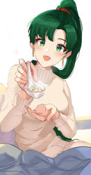 Rule 34 | 1girl, bad id, bad tumblr id, blush, breasts, dress, fire emblem, fire emblem: the blazing blade, fire emblem heroes, food, green eyes, green hair, high ponytail, highres, incoming food, large breasts, long hair, looking at viewer, lyn (fire emblem), nintendo, open mouth, ormille, ponytail, simple background, smile, solo, spoon, sweater, white background