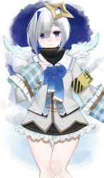 Rule 34 | 1girl, absurdres, amane kanata, angel, angel wings, asymmetrical bangs, asymmetrical hair, black sky, blue background, blue hair, blue hairband, blue wings, blush, bob cut, bow, bowtie, closed mouth, cloud, colored inner hair, commentary, feathered wings, frilled skirt, frills, gradient wings, hair ornament, hair over one eye, hair strand, hairband, halo, hand on own chest, highres, hololive, jacket, knees together feet apart, long sleeves, looking at viewer, mini wings, multicolored hair, multicolored wings, purple eyes, sailor collar, shin ilst, short hair, silver hair, single hair intake, skirt, sky, sleeve cuffs, sleeves rolled up, smile, solo, star halo, streaked hair, thigh gap, turtleneck, virtual youtuber, white jacket, white sailor collar, white wings, wide sleeves, wings