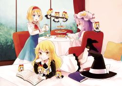 Rule 34 | 3girls, alice margatroid, ascot, black dress, blonde hair, blue dress, blue eyes, book, bow, braid, capelet, chair, cookie, crescent, cup, dress, food, hair bow, hairband, hat, unworn hat, unworn headwear, indoors, kirisame marisa, long sleeves, lying, mob cap, mozukuzu (manukedori), multiple girls, on stomach, open book, open mouth, patchouli knowledge, pillow, purple eyes, purple hair, reading, shanghai doll, single braid, sitting, smile, table, teacup, teapot, tiered tray, touhou, wide sleeves, witch hat, yellow eyes