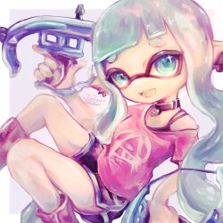 Rule 34 | 1girl, artist name, black choker, black shorts, blue eyes, blue hair, choker, commentary request, earrings, highres, ho2yrentea, holding, holding weapon, inkling, inkling girl, inkling player character, jewelry, long hair, nintendo, open mouth, pink shirt, pointy ears, print shirt, shirt, short shorts, shorts, simple background, single bare shoulder, smile, solo, splatoon (series), splatoon 3, star (symbol), star in eye, symbol in eye, weapon, white background