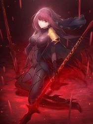 Rule 34 | 1girl, armor, bodysuit, breasts, covered navel, fate/grand order, fate (series), gae bolg (fate), highres, large breasts, long hair, looking at viewer, pauldrons, polearm, purple bodysuit, purple hair, red eyes, ripples, scathach (fate), scathach (fate), shoulder armor, solo, spear, tebd menkin, veil, weapon