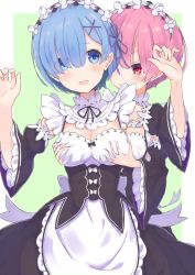 Rule 34 | 10s, 2girls, apron, blue eyes, blue hair, blush, breasts, cleavage, collar, commentary, detached collar, detached sleeves, embarrassed, eyes visible through hair, flower, frilled collar, frilled sleeves, frills, grabbing, grabbing from behind, green background, groping, hair ornament, hair over one eye, hair ribbon, hands up, highres, looking at another, maid, maid headdress, medium breasts, multiple girls, open mouth, pink hair, puffy sleeves, purple ribbon, ram (re:zero), re:zero kara hajimeru isekai seikatsu, red eyes, rem (re:zero), ribbon, short hair, siblings, sisters, smile, twins, two-tone background, waist apron, white background, white flower, work2, x hair ornament