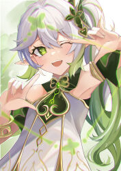 Rule 34 | 1girl, absurdres, commentary request, cross-shaped pupils, facing viewer, finger gun, genshin impact, gold trim, gradient hair, green eyes, green hair, grey hair, hair ornament, highres, leaf hair ornament, long hair, looking ahead, multicolored hair, nahida (genshin impact), one eye closed, open mouth, pointy ears, side ponytail, smile, solo, symbol-shaped pupils, teeth, upper teeth only, zino zinuo