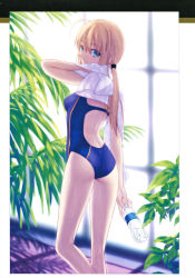 Rule 34 | 1girl, absurdres, artoria pendragon (all), artoria pendragon (fate), ass, blonde hair, bottle, competition swimsuit, fate/stay night, fate/zero, fate (series), from behind, green eyes, highres, long hair, looking back, official alternate costume, one-piece swimsuit, saber (fate), saber (summer battle clothes) (fate), solo, swimsuit, takeuchi takashi, towel