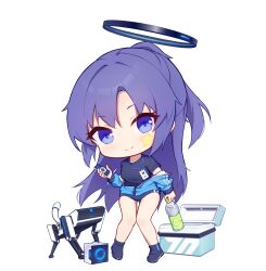 Rule 34 | 1girl, 9malefi9, black footwear, black shirt, blue archive, blue jacket, blush, boots, bottle, closed mouth, drone, facial mark, full body, halo, highres, holding, holding bottle, id card, jacket, lanyard, long hair, long sleeves, looking at viewer, mechanical halo, purple eyes, purple hair, shirt, short sleeves, smile, solo, star (symbol), track jacket, transparent background, water bottle, yuuka (blue archive), yuuka (track) (blue archive)