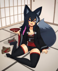 Rule 34 | 1girl, absurdres, animal ears, black hair, black jacket, black shorts, black thighhighs, blush, bowl, breasts, cleavage, collarbone, copyright request, d-floe, fang, fox ears, fox girl, fox tail, full body, geta, hair between eyes, highres, holding, holding bowl, indoors, jacket, japanese clothes, looking at viewer, multicolored hair, open clothes, open jacket, open mouth, pink hair, purple eyes, red shirt, sandals, unworn sandals, shirt, shorts, sitting, skindentation, small breasts, solo, streaked hair, tail, thighhighs, yokozuwari