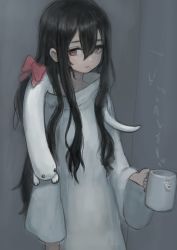 Rule 34 | 1girl, absurdres, black hair, blush, bow, brown eyes, creature, creature on shoulder, cup, dress, expressionless, gregor (tsurunoka), hair between eyes, hair bow, highres, holding, holding cup, lead white (tsurunoka), long hair, long sleeves, on shoulder, original, red bow, solo, tsumetai (tsurunoka), white dress, wide sleeves