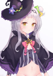 Rule 34 | 1girl, aid!, artist name, black capelet, black hairband, black headwear, blush, bottomless, capelet, closed mouth, commentary, crop top, hair bun, hair ornament, hairband, hat, highres, hololive, long hair, long sleeves, looking at viewer, midriff, murasaki shion, murasaki shion (1st costume), navel, out-of-frame censoring, pinstripe pattern, pinstripe shirt, shirt, side bun, sidelocks, silver hair, simple background, single hair bun, single side bun, solo, standing, striped clothes, striped shirt, tilted headwear, upper body, vertical-striped clothes, vertical-striped shirt, virtual youtuber, white background, witch hat, yellow eyes