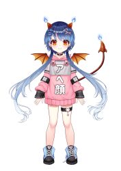 Rule 34 | 1girl, absurdres, akih.hika, bare legs, bat wings, blue hair, blush, boots, closed mouth, demon girl, demon horns, demon tail, flat chest, full body, hair ornament, hairclip, highres, horns, indie virtual youtuber, long hair, looking at viewer, pink shirt, red eyes, second-party source, shirt, shoes, simple background, sleeves past wrists, smile, solo, standing, tail, thigh strap, twintails, very long hair, virtual youtuber, vivi chan the dragon, white background, wings, x hair ornament