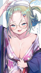 Rule 34 | 1girl, blue archive, breasts, glasses, green eyes, green hair, highres, japanese clothes, kimono, konnyaku (kk-monmon), large breasts, solo, sweat, yukata