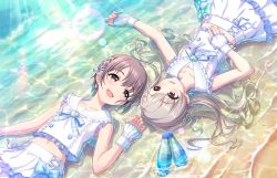 Rule 34 | 2girls, annindoufu (oicon), bare shoulders, beach, black eyes, blush, bottle, bow, braid, braided bangs, buttons, collarbone, day, earrings, flat chest, frilled skirt, frills, grey hair, hisakawa hayate, idolmaster, idolmaster cinderella girls, idolmaster cinderella girls starlight stage, jewelry, lace, long hair, looking at another, midriff, multiple girls, navel, official art, open mouth, otokura yuuki, outdoors, partially submerged, ribbon, sailor collar, shirt, short hair, skirt, sleeveless, smile, sunlight, water, water bottle, wet, wet clothes, white sailor collar, white shirt, white skirt, wrist cuffs